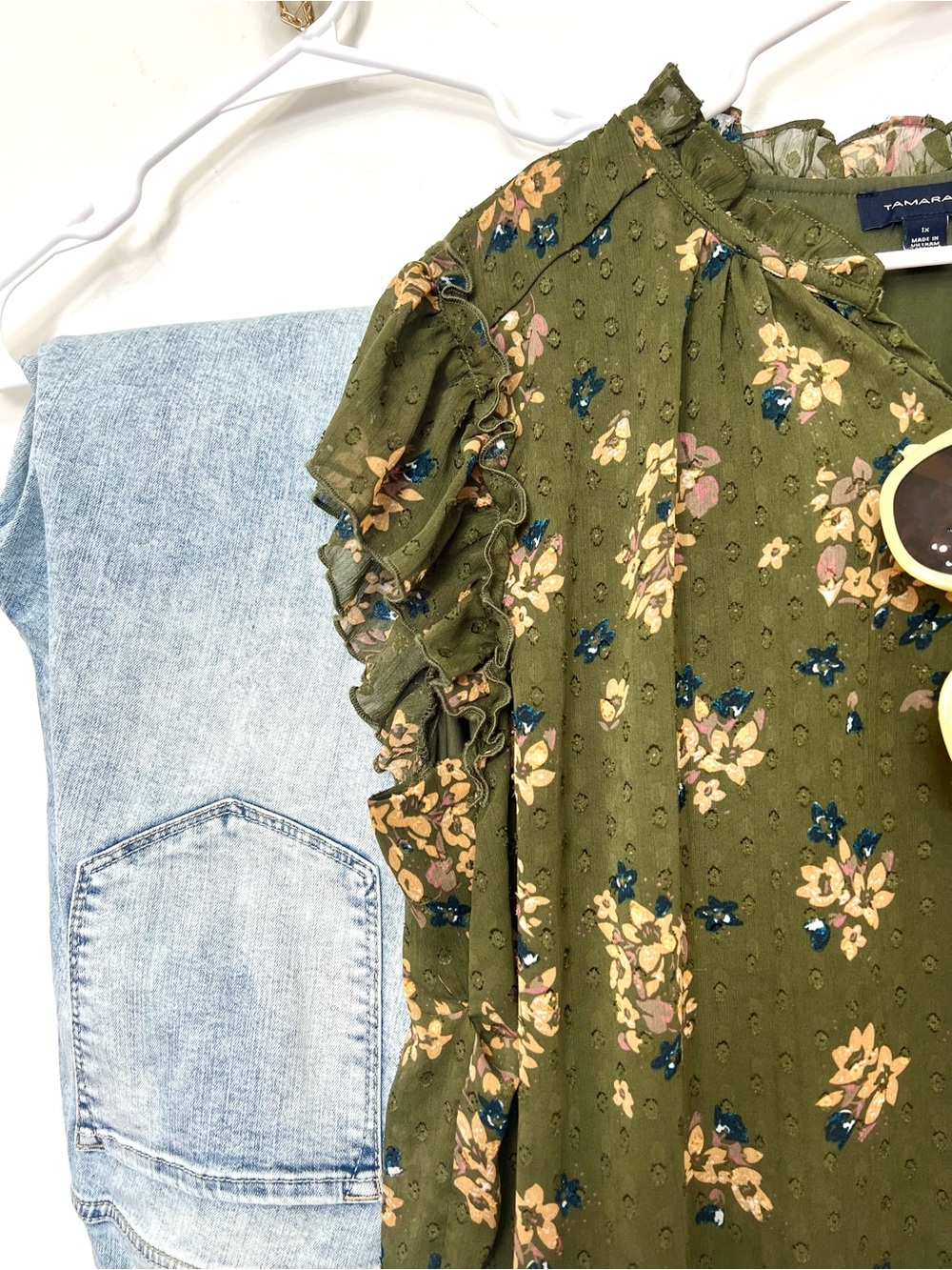 Tamara H Dark Olive Floral Short-Sleeve Blouse Ptp Xl /1X 25” L 29” - Picture 5 of 5